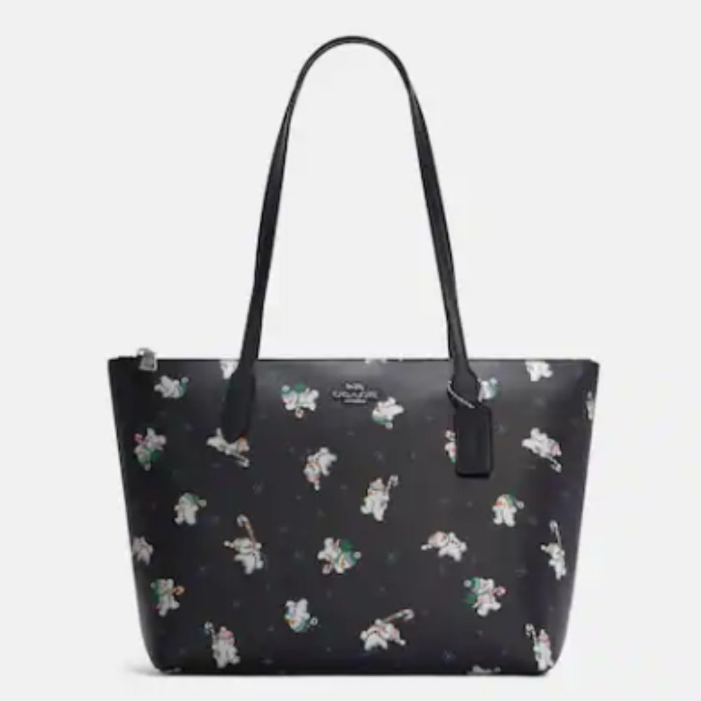 Coach Zip Top Tote With Snowman Print